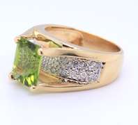 Dreamy Yellow Gold Rectangale Peridot and Diamond Ring