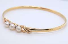 Gorgeous Yellow Gold Pearl and Diamond Accent Bangle Bracelet
