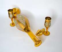 Vintage Italian Hand Painted 18K Gold and Enamel Venetian Crystal Decanter Set With Two Cordial Glasses