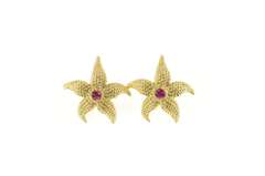 14K Yellow Gold Ruby Ornate Sea Star Fish Statement Stud Earrings