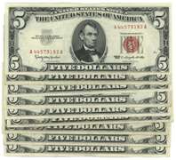 9 Nicer Series of 1963 Small Size $5 Red Seal Notes