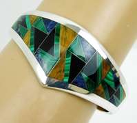 Heavy 950 Sterling Signed Taxco Gemstone Bangle Bracelet