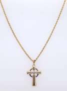 Attractive 2 Tone Diamond Celtic Cross Pendant on 24" Rope Chain Necklace. 8.92 Grams.