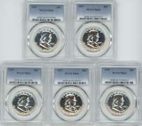 Lot of 5 Gem Proof 1957 Franklin Half Dollars. PCGS PF66