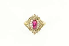 10K Yellow Gold Marquise Sim. Ruby Baguette Halo Statement Ring