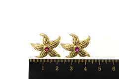 14K Yellow Gold Ruby Ornate Sea Star Fish Statement Stud Earrings