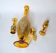 Vintage Italian Hand Painted 18K Gold and Enamel Venetian Crystal Decanter Set With Two Cordial Glasses
