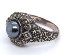 Vintage Sterling Silver Pearl and Marcasite Ring