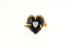 10K Yellow Gold Retro Black Onyx Heart Diamond Love Bypass Ring