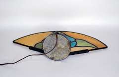 Vintage Fan Table Lamp With Mosaic Flower Pattern, Brass Frame and Metal Base