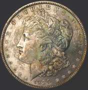 1889 Morgan Silver Dollar With Yellow, Blue, Green, Toning. BU