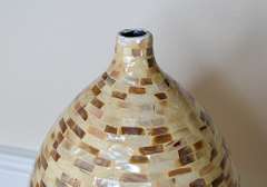 Vintage (1970's) 16.5 Inch Tall Mother of Pearl Inlay Mosaic Cambered Ceramic Bud Vase, Coastal Décor
