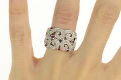 18K White Gold 1.07 Ctw Ruby Diamond Ornate Swirl Statement Ring