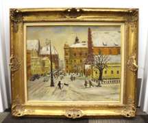 Antal Berkes Large Winter Cityscape Oil Painting  Antal Berkes  Winter Cityscape