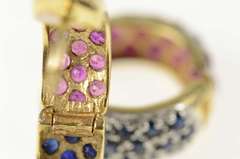 14K Yellow Gold Pave Sapphire Ruby Encrusted Huggie Hoop Earrings