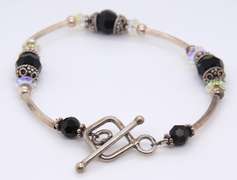 Sterling Silver black Onyx and Crystal Link Bracelet