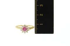 14K Yellow Gold Natural Ruby Diamond Halo Flower Engagement Ring