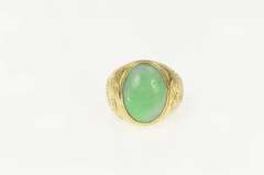18K Yellow Gold Oval Jade Ornate Etched Chinese Dragon Ring