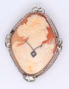 Antique Shell Cameo with Diamond Pendant Brooch