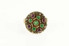 18K Yellow Gold Ruby Emerald Etruscan Revival Elaborate Ring