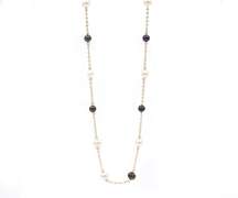 Elegant Black and White Pearl Station Necklace in 14K