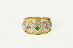 14K Yellow Gold Ornate Emerald Ruby Sapphire Diamond Band Ring