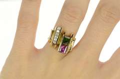 14K Yellow Gold 2.68 Ctw Tourmaline Diamond Squared Cocktail Ring