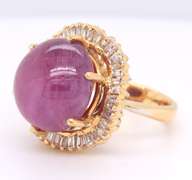 Opulent 14kt YG Cabochon Ruby with Wavy Baguette Halo Ring