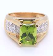 Dreamy Yellow Gold Rectangale Peridot and Diamond Ring