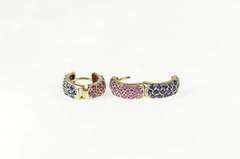 14K Yellow Gold Pave Sapphire Ruby Encrusted Huggie Hoop Earrings
