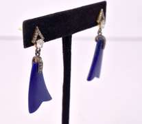 Lovely 21.17CTS Natural Lapis 0.89CTW Diamond Earrings in Gold Plated Sterling Silver