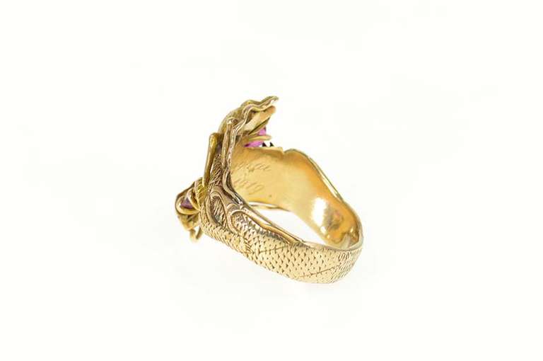 14K Yellow Gold Elaborate Chinese Dragon Ruby Men's Ring