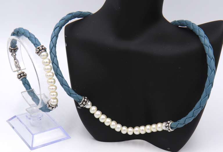 Set of Sky Blue Leather and Pearl Bracelet with Matching Necklace