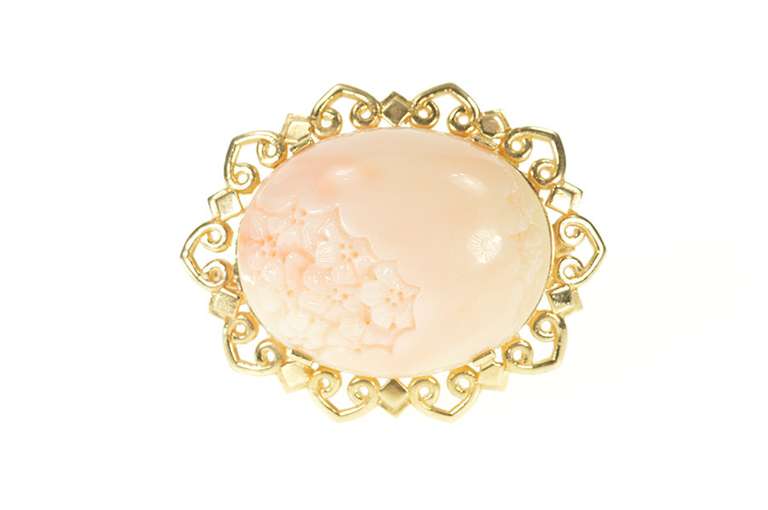 14K Yellow Gold Carved Coral Cherry Blossom Statement Pin/Brooch