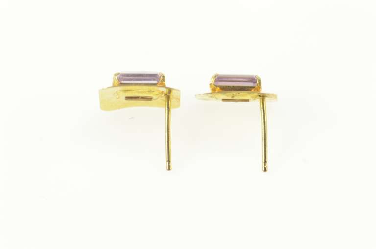 14K Yellow Gold Emerald Cut Sim. Amethyst Squared Stud Earrings