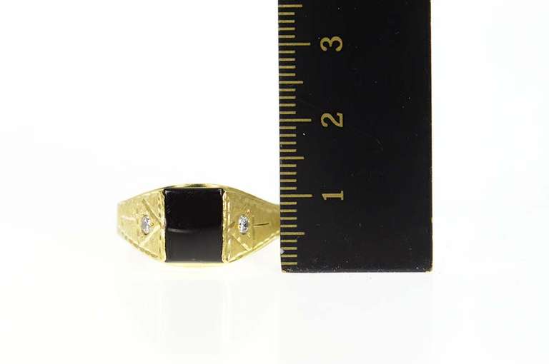 18K Yellow Gold Black Onyx Squared Diamond Accent Etched Ring