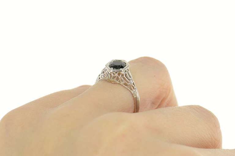 14K White Gold 1.02 Ct Art Deco Filigree Sapphire Engagement Ring