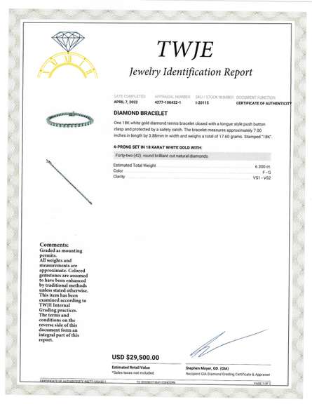 Elegant 6.30ctw Diamond Tennis Bracelet in 18K W/ Cert