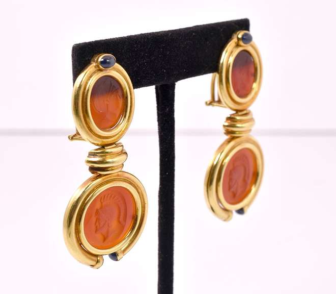 Lovely Cameo and Sapphire Earrings in 18K Yellow Gold