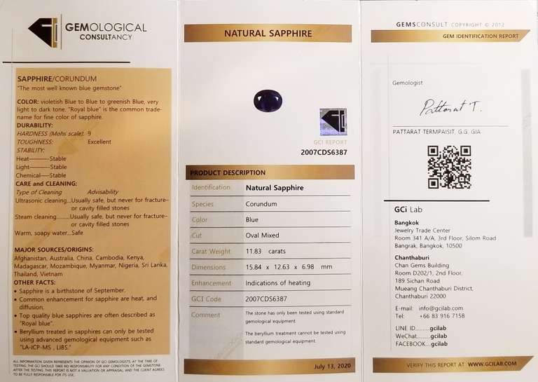Investment sized 11.83ct certified Sapphire