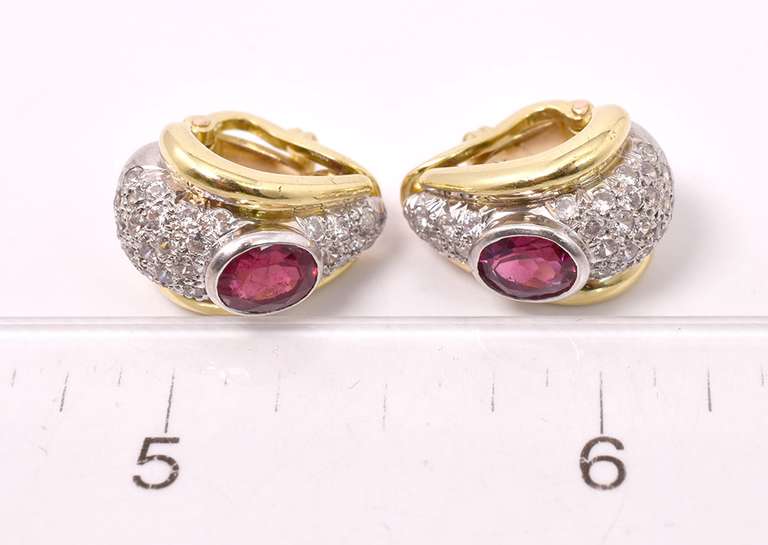 Tasteful Rubellite Tourmaline and Diamond Earrings in 18K Two-Tone Gold
