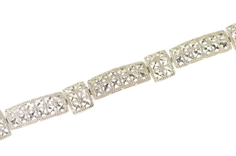 10K White Gold Squared Sparkly Studded Pattern Statement Bracelet