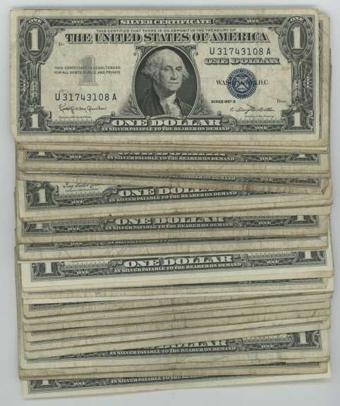 Large lot of 58 Series of 1935 $1 Blue Seal Silver Certificates