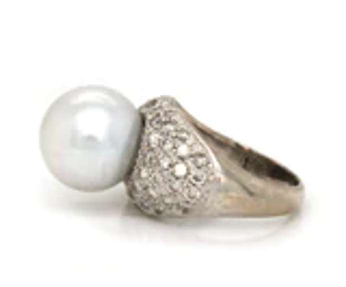 Traditional White Gold South Sea Pearl and Pave Diamond Ring