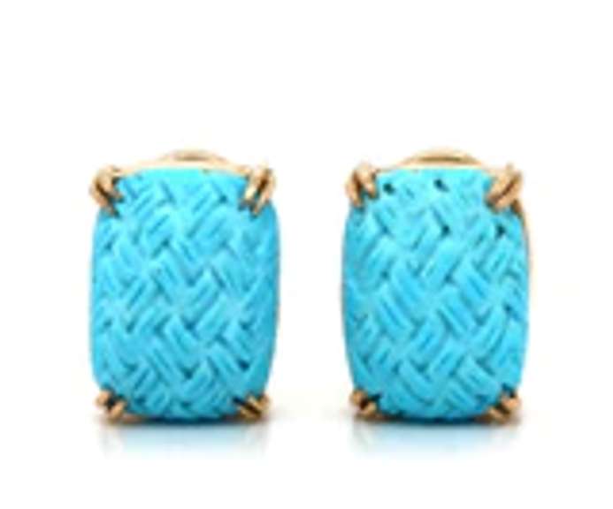 Stunning Carved Turquoise Rectangle Shaped Earrings in Yellow Gold