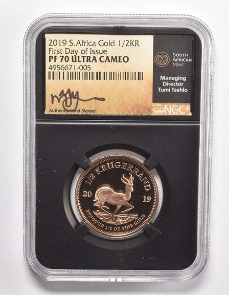 PF70UCAM 2019 South Africa 1/2 Krugerrand Fine Gold Signed Graded NGC