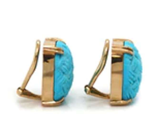 Stunning Carved Turquoise Rectangle Shaped Earrings in Yellow Gold
