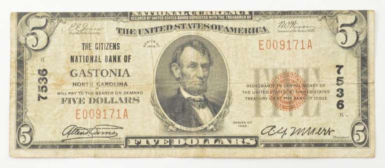 1929 $5 National Currency Gastonia, NC - United States Note - 7536