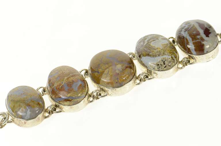 Sterling Silver Brown & White Agate Cabochon Ornate Chain Bracelet