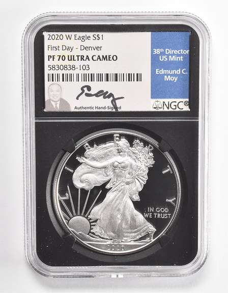 PF70 UCAM 2020-W American Silver Eagle 1st Day Denver Signed NGC